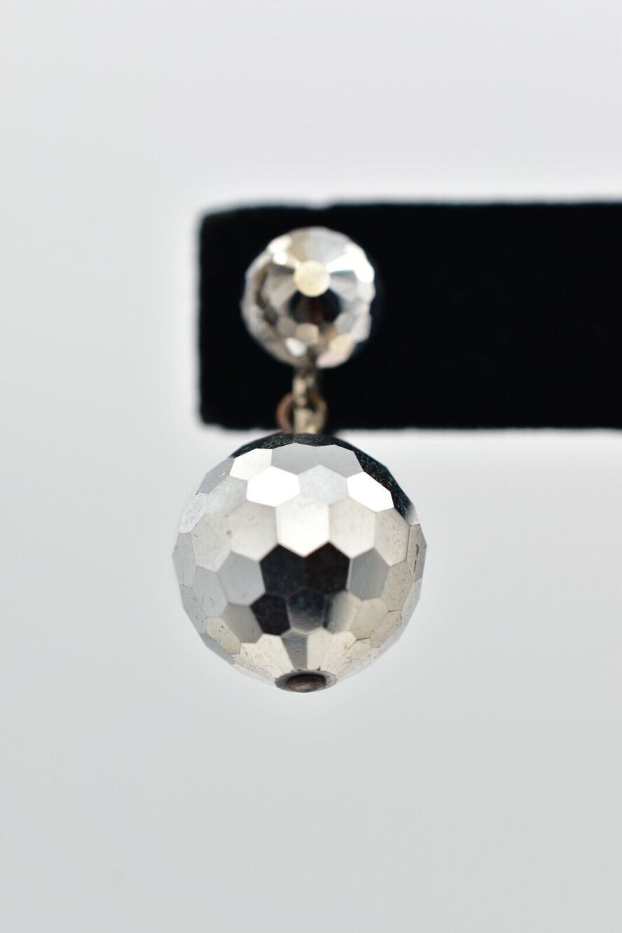 Vintage  Silver Crystal Dangle Disco Ball Clip On Earrings Drop Glam 1950s A24